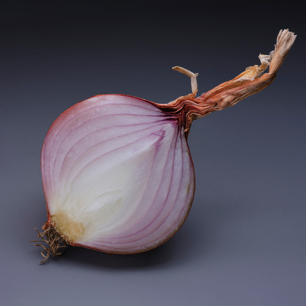 Roscoff pink onion cut in half and its fruity flesh
